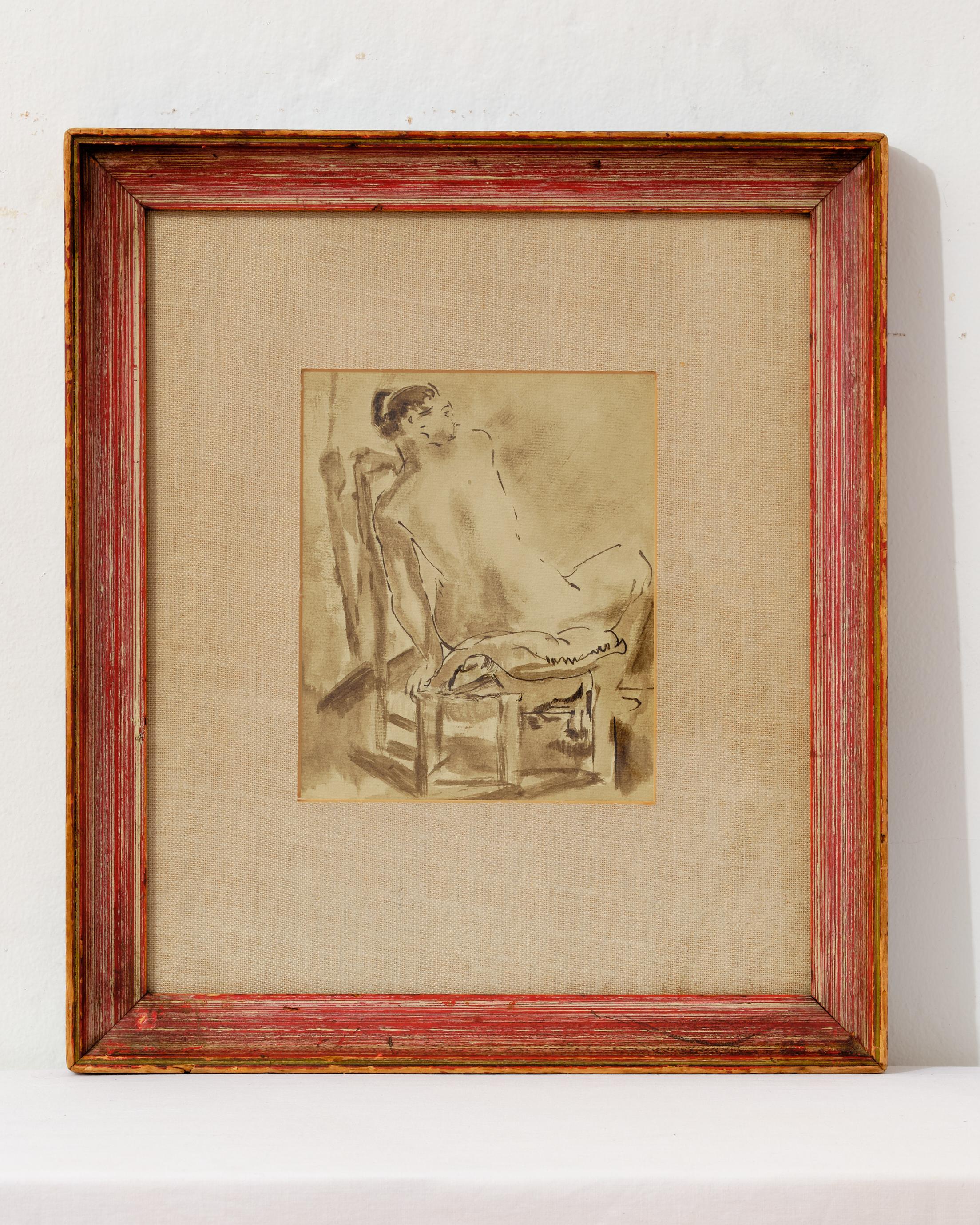 Paper Nude Painting, Ink Wash, C 1950, Back View, Original Brown Wood Framing For Sale