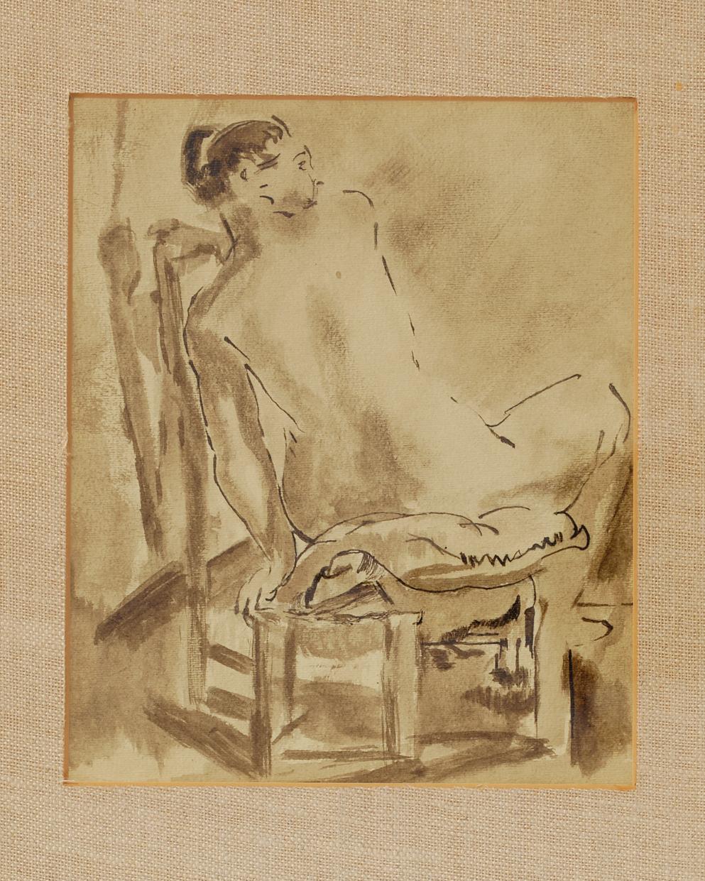 Nude Painting, Ink Wash, C 1950, Back View, Original Brown Wood Framing For Sale 1