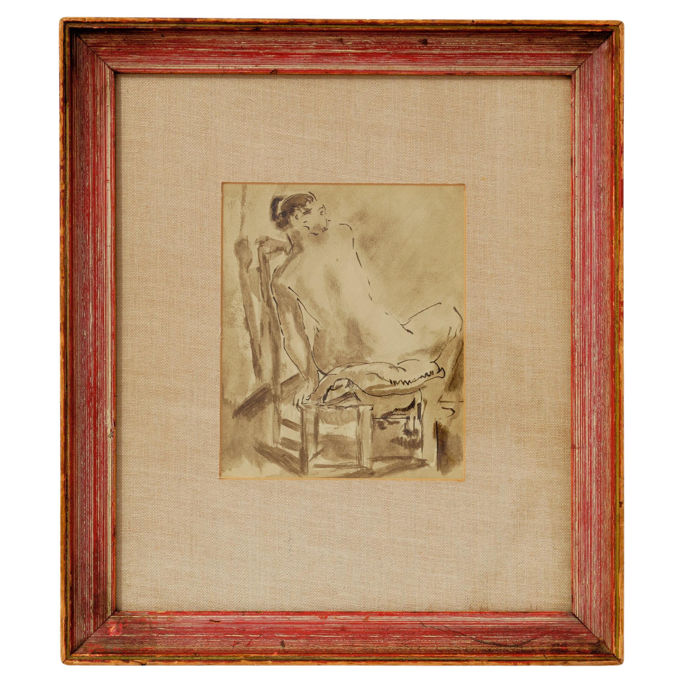 Nude Painting, Ink Wash, C 1950, Back View, Original Brown Wood Framing, Vintage