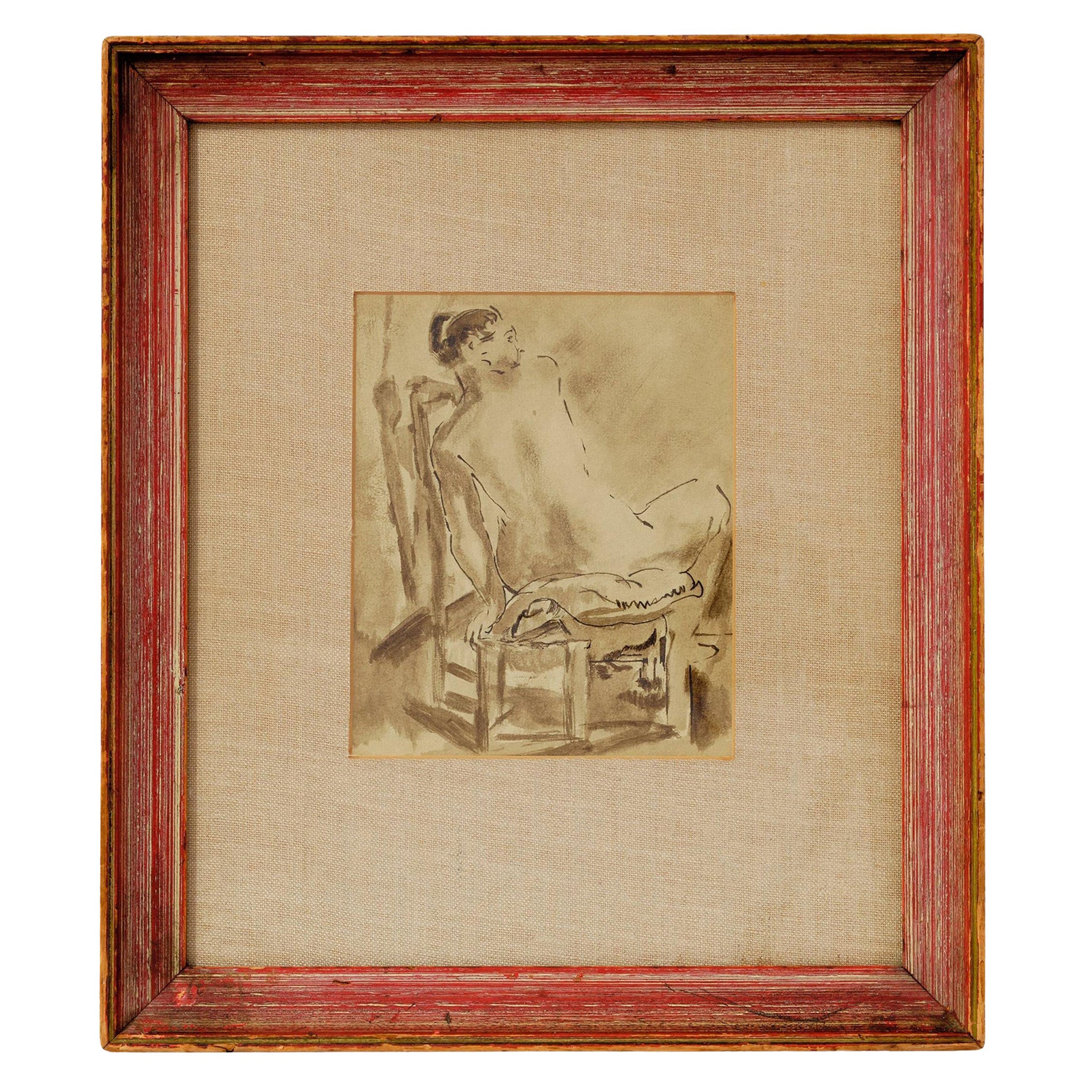 Nude Painting, Ink Wash, C 1950, Original Dark Tan Wood Framing, Back View