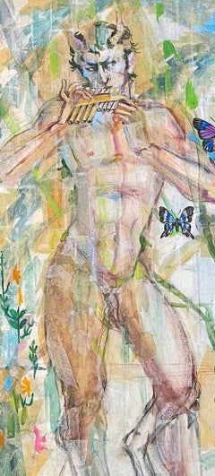 "Nude Pan with Pipes", Large, Vivid Painting w/ Male Nude by Broadway Designer