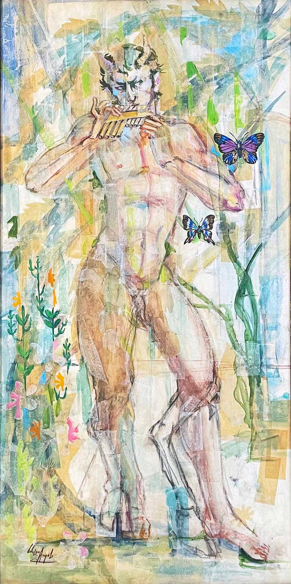 "Nude Pan with Pipes", Large, Vivid Painting w/ Male Nude by Broadway Designer