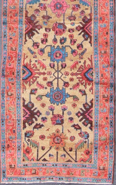 Antique Persian Hamadan Long Runner with Geometric Motifs in Light Camel Field