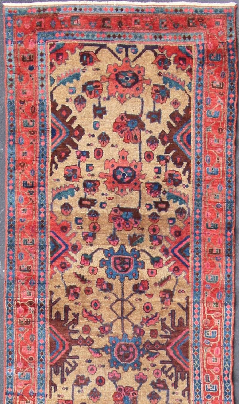Tribal Antique Persian Hamadan Long Runner with Geometric Motifs in Light Camel Field For Sale