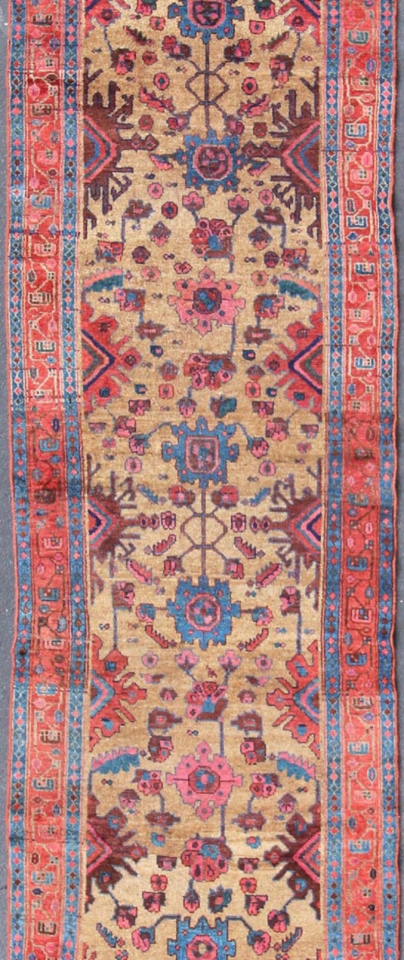 Hand-Knotted Antique Persian Hamadan Long Runner with Geometric Motifs in Light Camel Field For Sale