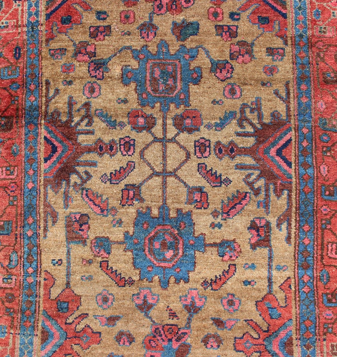 Early 20th Century Antique Persian Hamadan Long Runner with Geometric Motifs in Light Camel Field For Sale