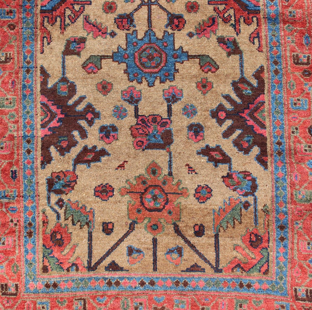 Wool Antique Persian Hamadan Long Runner with Geometric Motifs in Light Camel Field For Sale