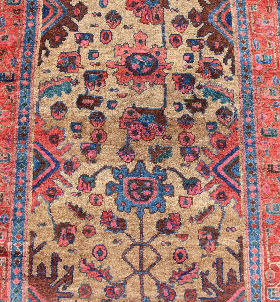 Antique Persian Hamadan Long Runner with Geometric Motifs in Light Camel Field For Sale 1