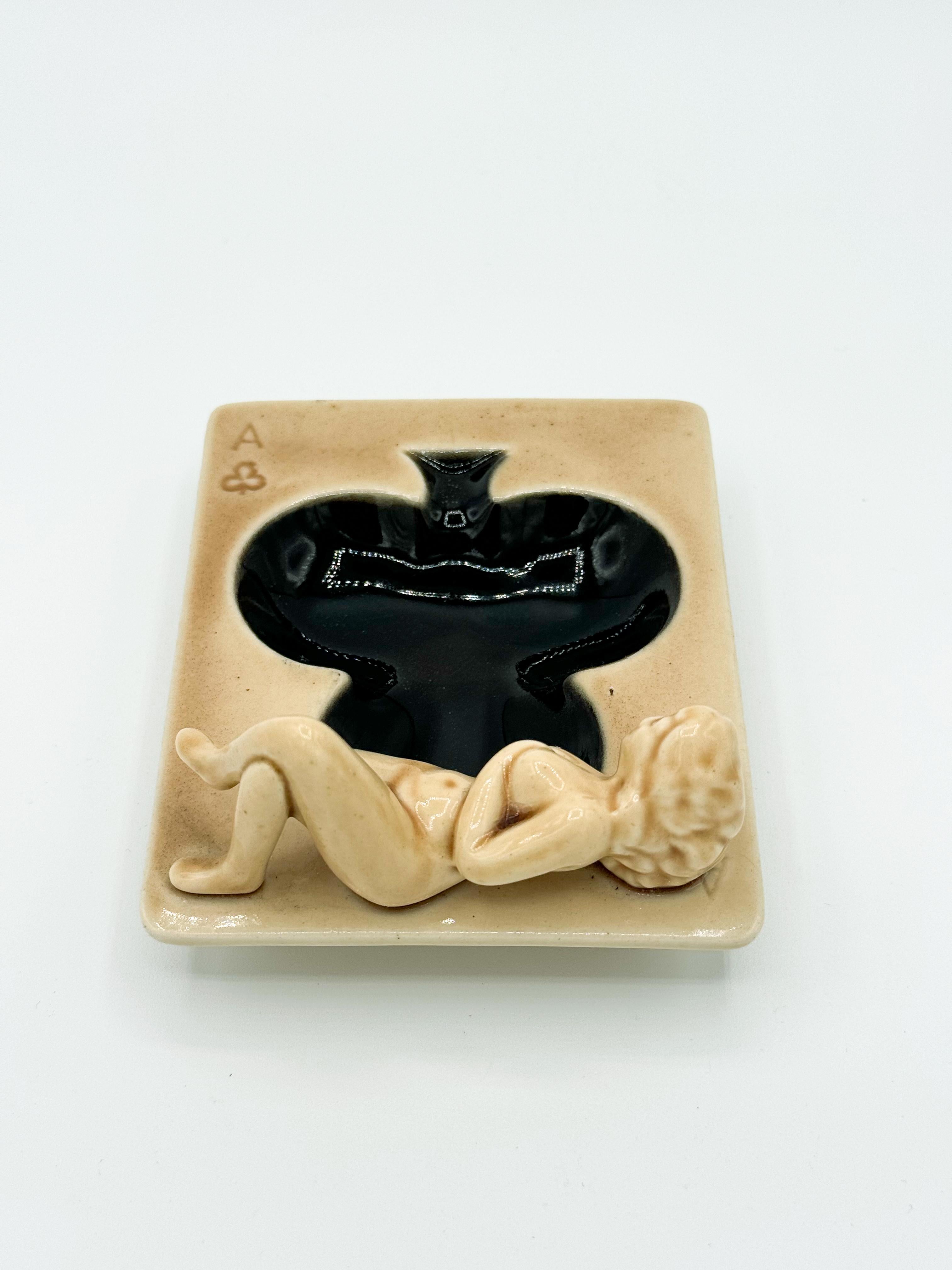 Mid-Century Modern Nude Pin up Ceramic Deck Aces Card Ashtray Club Ashtray by Stafford Japan