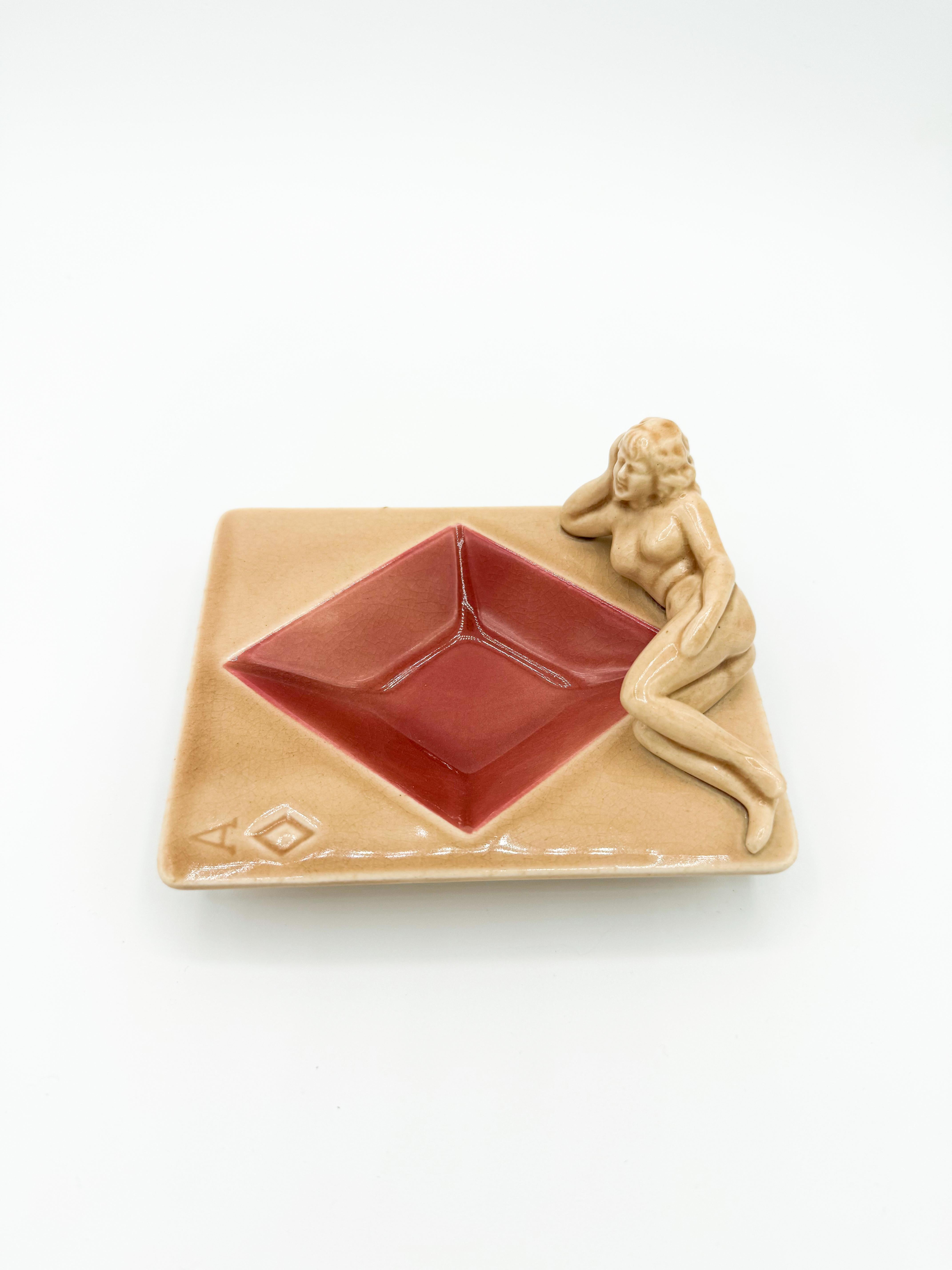 Mid-Century Modern Nude Pin up Ceramic Deck Aces Card Ashtray Diamond Ashtray by Stafford Japan
