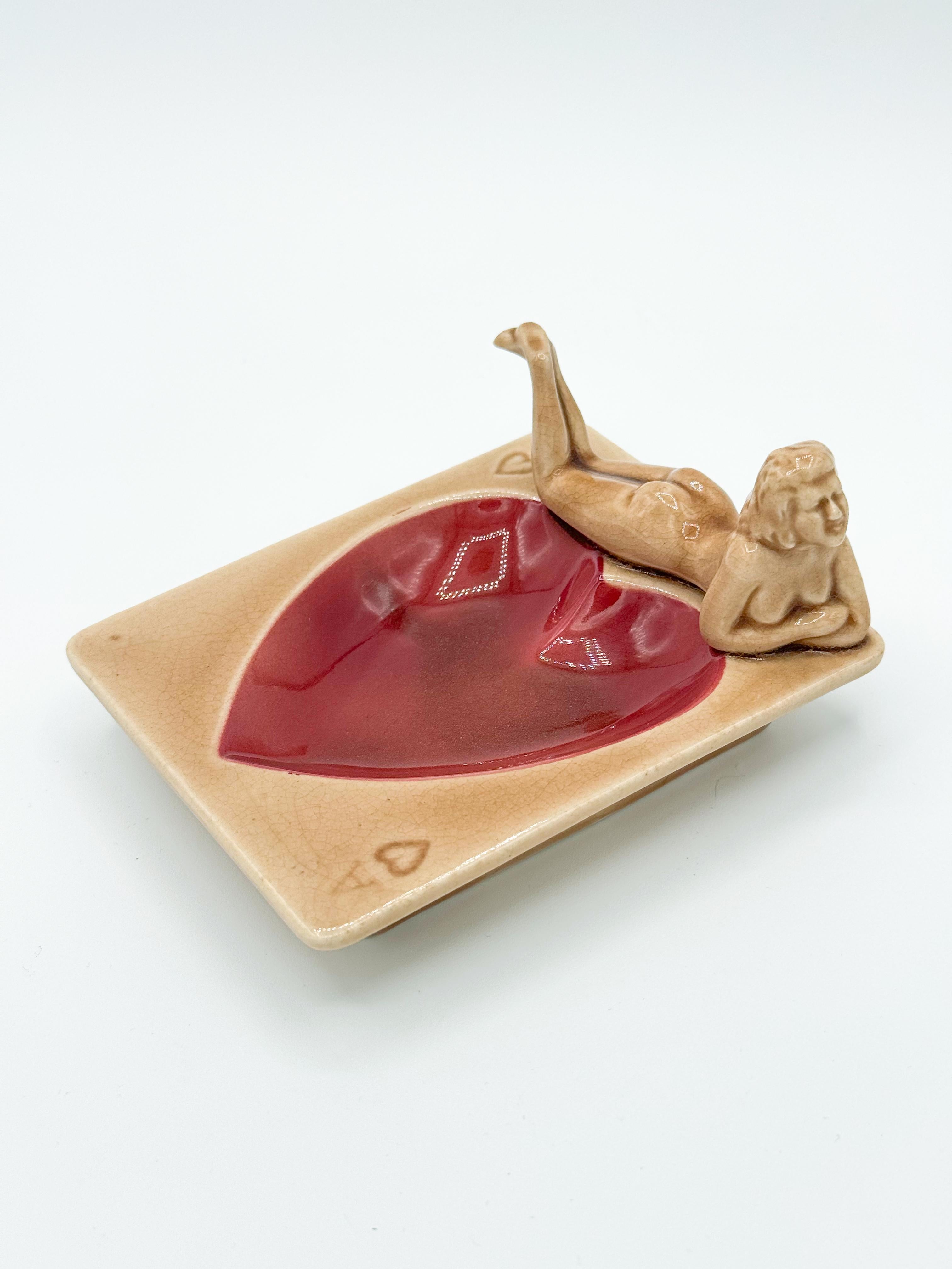 Mid-Century Modern Nude Pin up Ceramic Deck Aces Card Ashtray Heart Ashtray by Stafford Japan