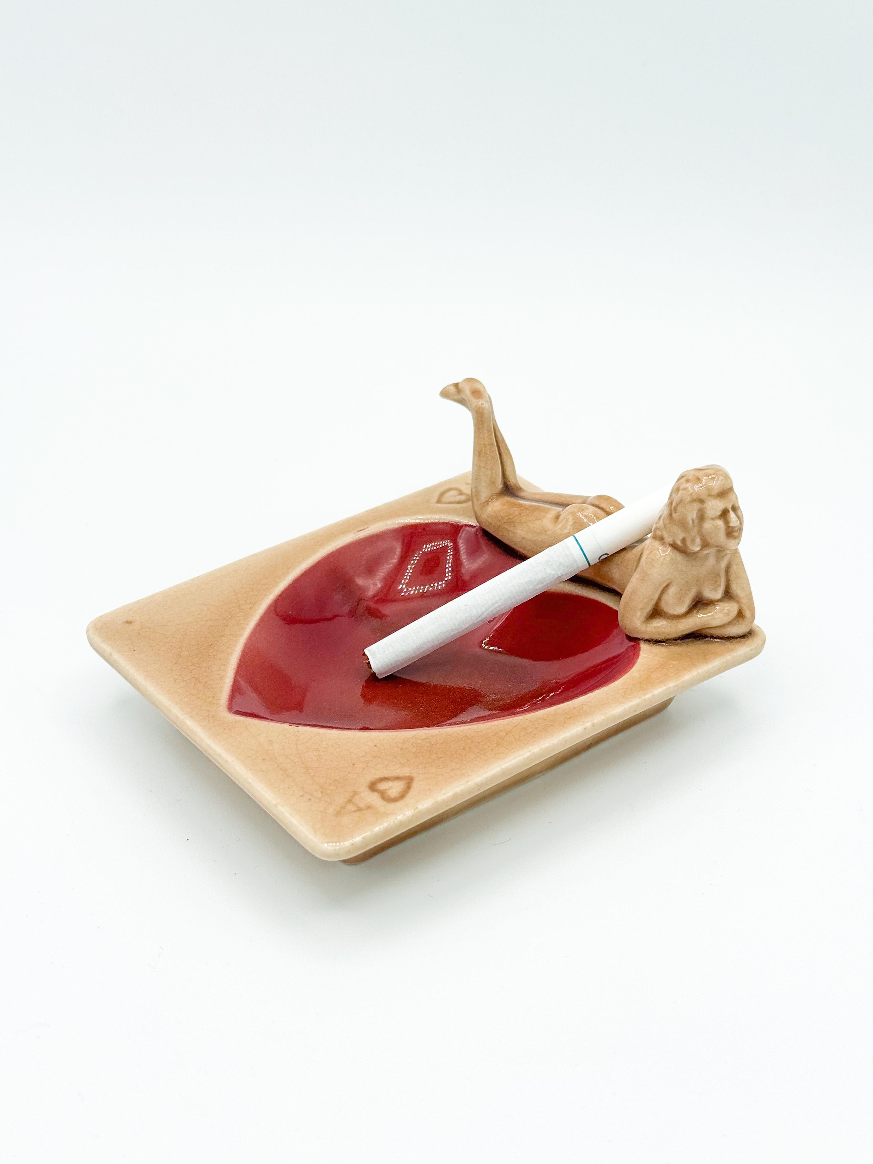 Mid-20th Century Nude Pin up Ceramic Deck Aces Card Ashtray Heart Ashtray by Stafford Japan