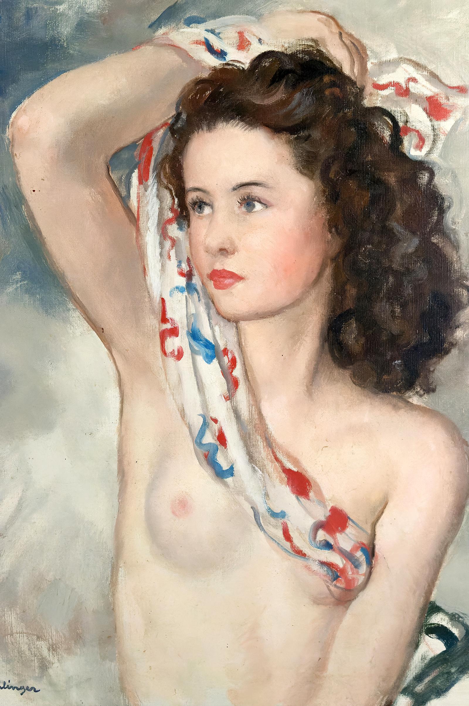 French Nude Portrait of a Young Woman with a Scarf, Maurice Ehlinger, Circa 1940 For Sale