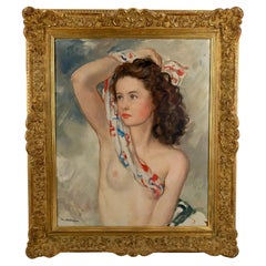 Retrato desnudo de mujer joven con bufanda, Maurice Ehlinger, circa 1940