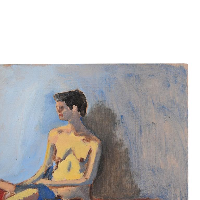 A beautiful portrait painting of a woman in the buff. She sits in repose against a blue background and red floor. A blue shirt is draped across her legs. She has short dark hair, and looks to a spot outside of the painter’s point of view. The figure