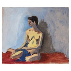 Vintage Nude Portrait Painting of a Woman in Red and Blue