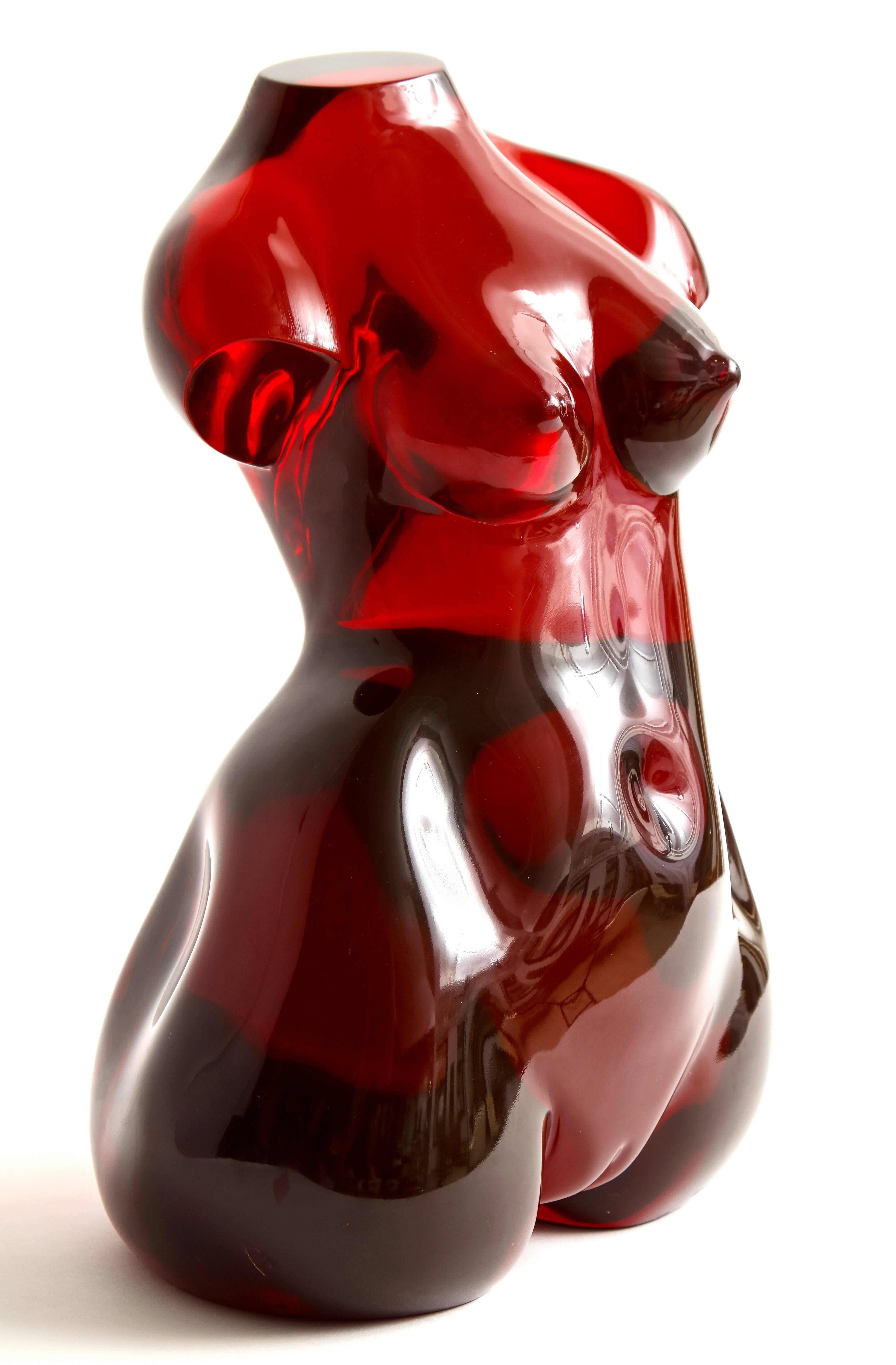 Resin Nude Sculpture of a Woman in Red Lucite
