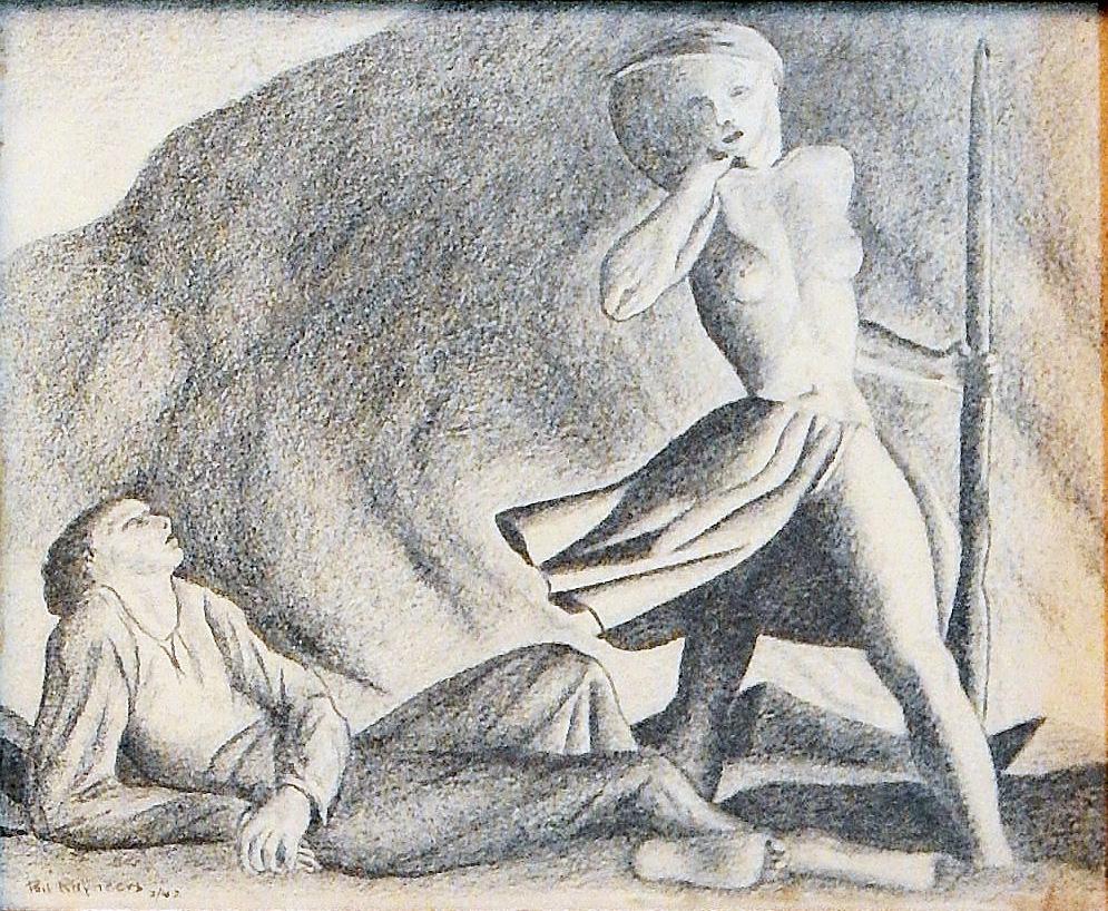This dramatic scene depicts two figures: a half-nude woman with staff and wide-brimmed hat -- a modern, adult version of a shepherdess -- along with a reclining male figure. Both figures are dwarfed by an enormous pile of clouds looming over a