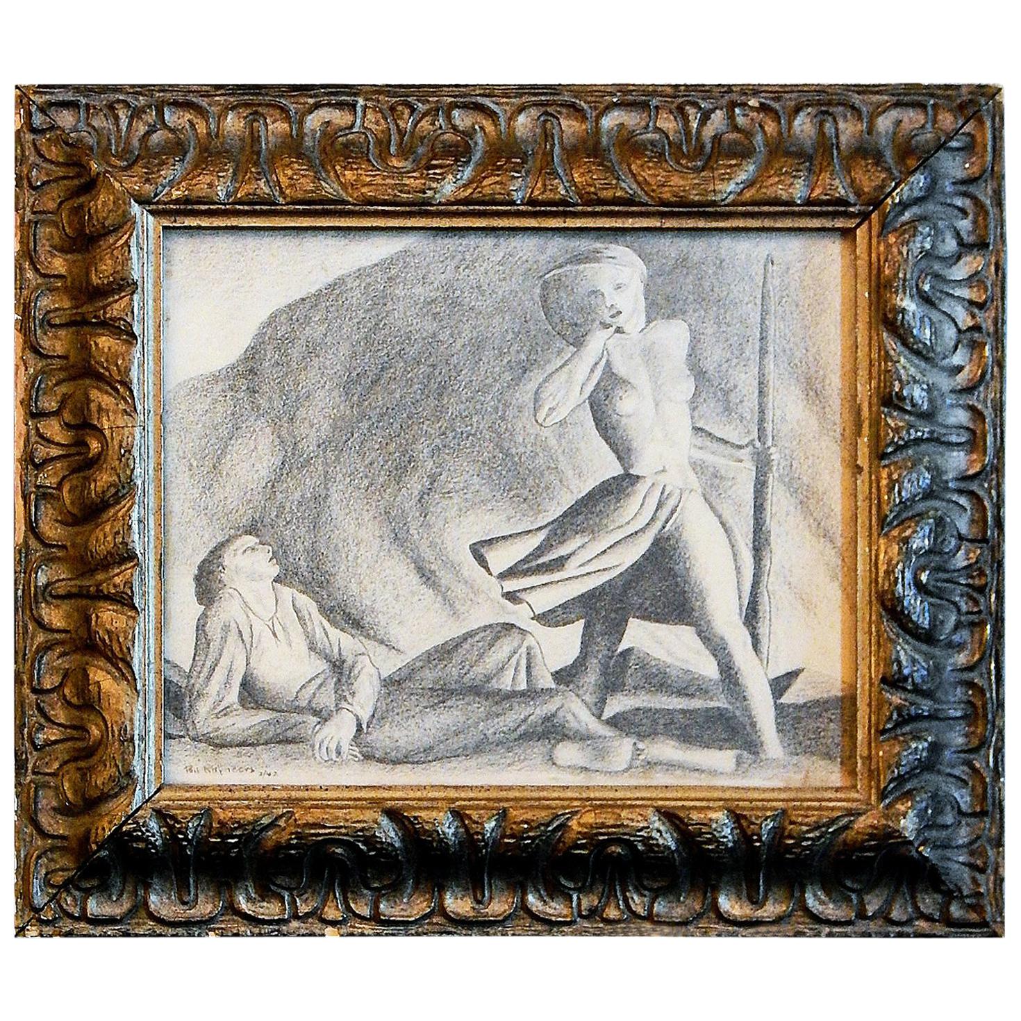 "Nude Shepherdess, " Art Deco Drawing in Style of Rockwell Kent, Sculpted Frame For Sale