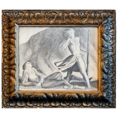 Vintage "Nude Shepherdess, " Art Deco Drawing in Style of Rockwell Kent, Sculpted Frame