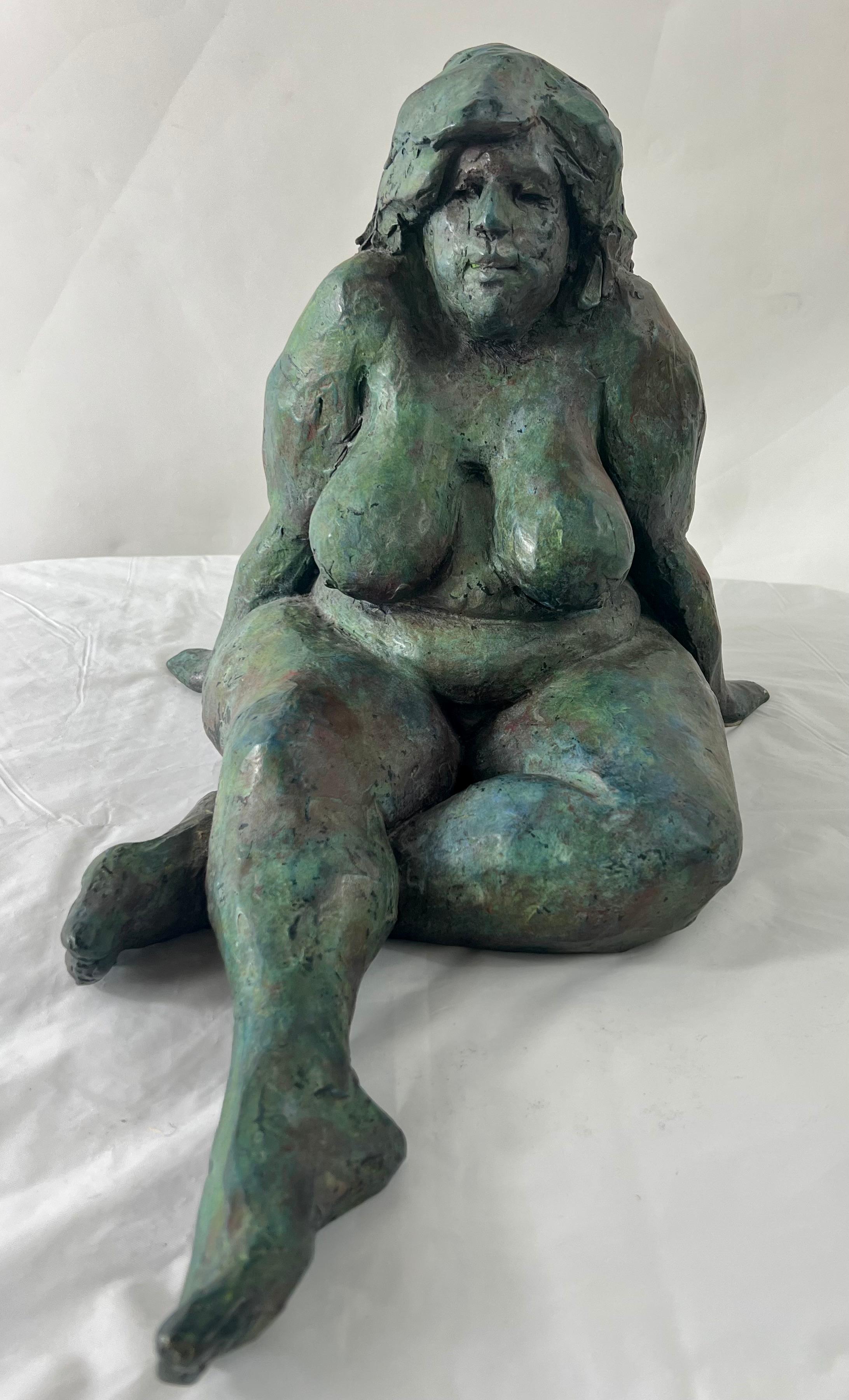 A contemporary modern patinated bronze sculpture of a nude sitting woman by James Patrick Maher (American, 1935-2021 ). The figurative object of the sculpture represents the beauty of human beings in all shapes and volume while finding the