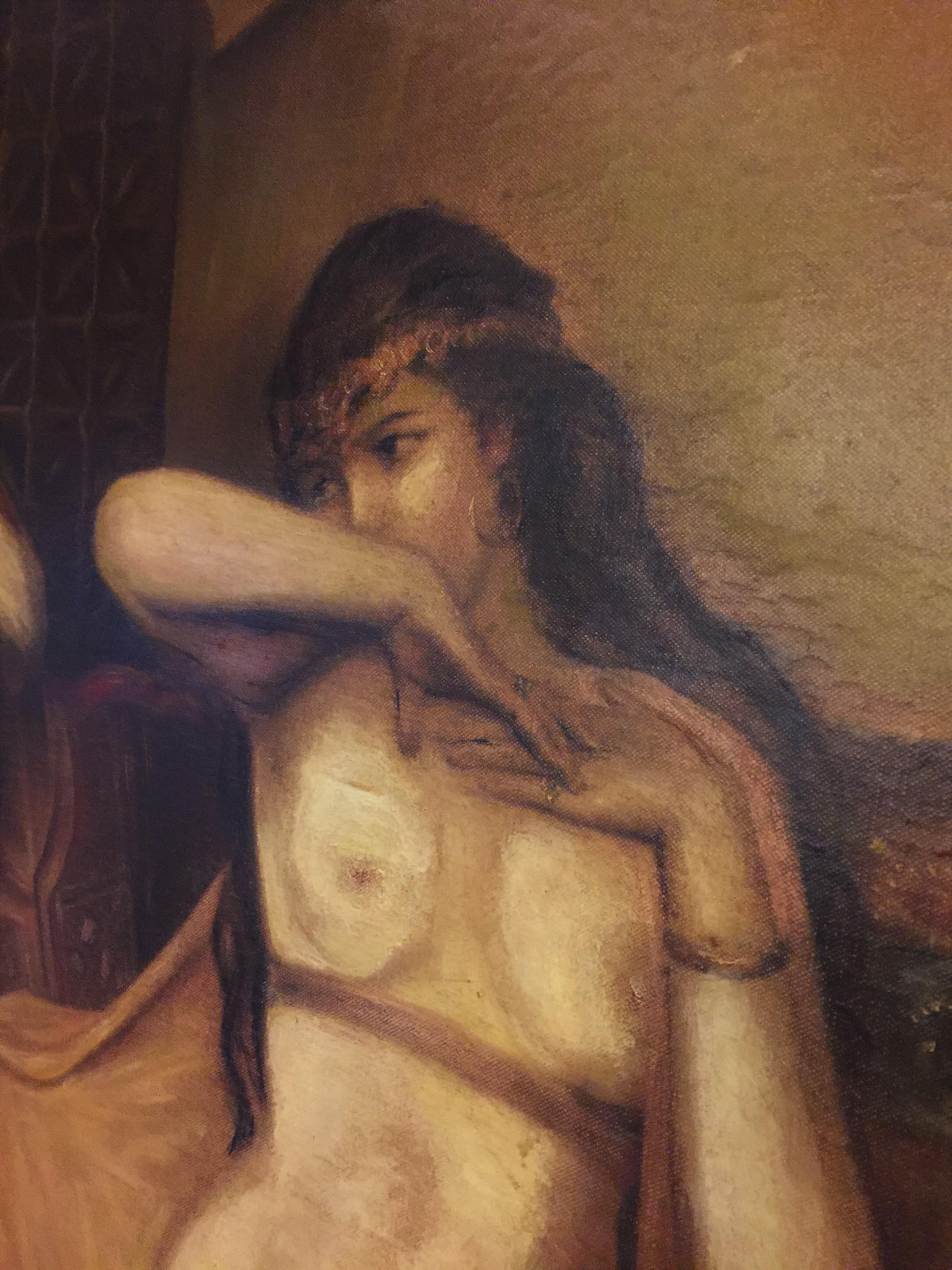 American Nude Slave Harem Girl Oil On Canvas Painting by Arthur Edwin Bracy 