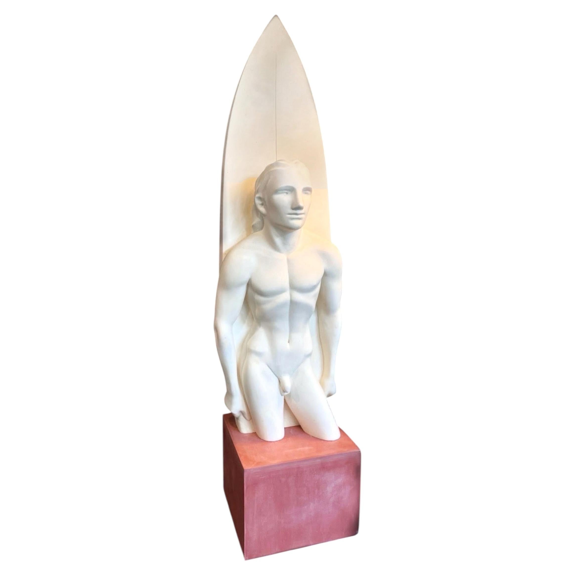 "Nude Surfer with Surfboard", Remarkable Sculpture with Male Figure, 2005