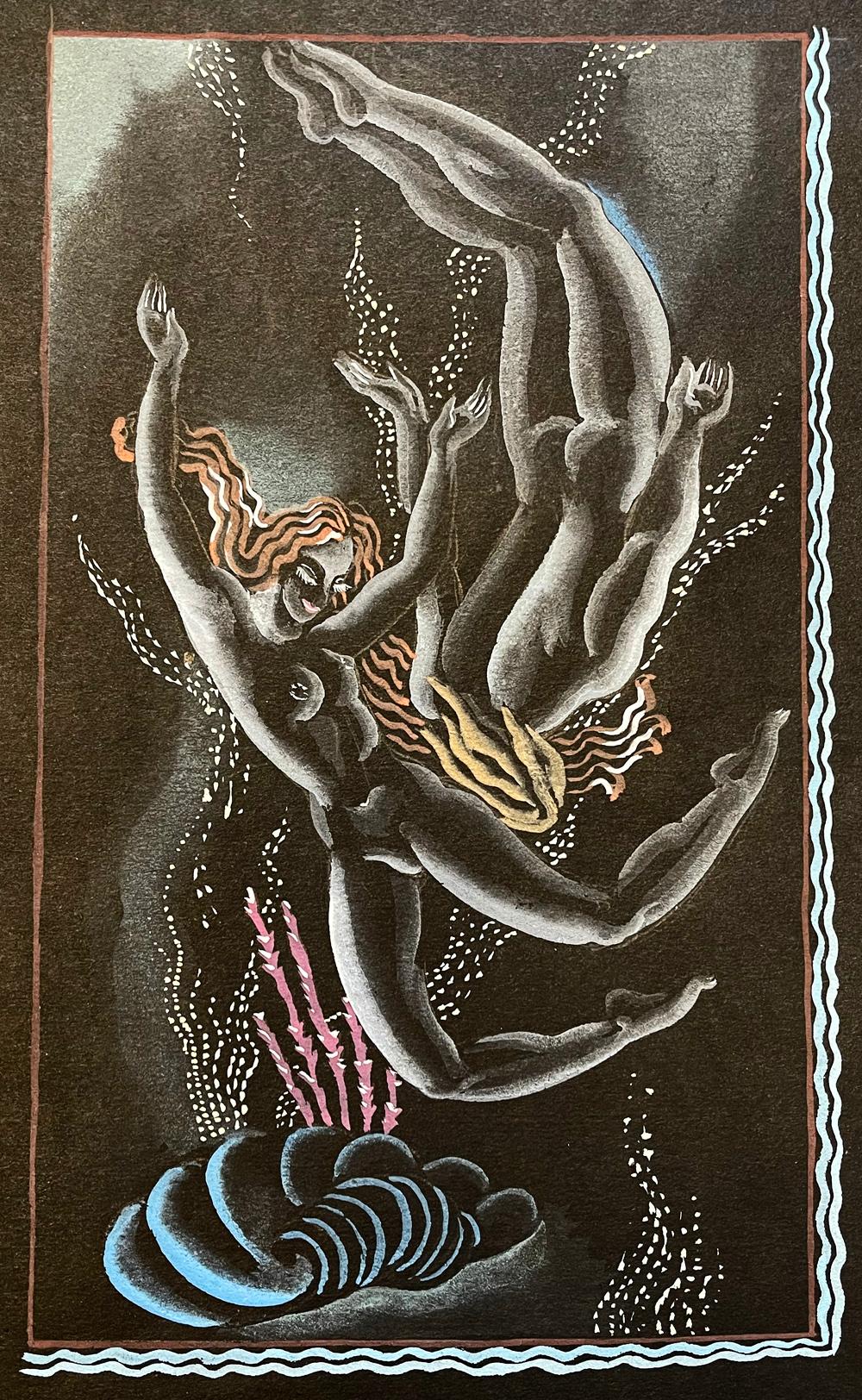 Highly sophisticated and striking in conception and execution, this study for an Art Deco bathroom mural depicts -- appropriately -- male and female nude figures swimming in an underwater scene with coral, a large clam shell and seaweed in one