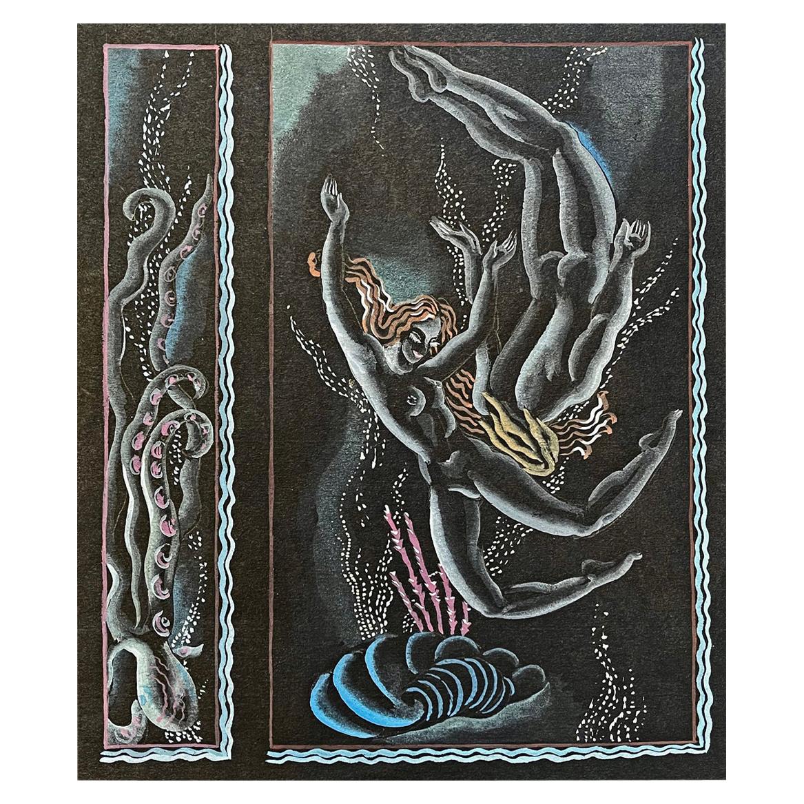 "Nude Swimmers and Octopus," Study for Art Deco Mural in Black, Pink and Blue