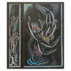 Vintage "Nude Swimmers and Octopus, " Study for Art Deco Mural in Black, Pink and Blue