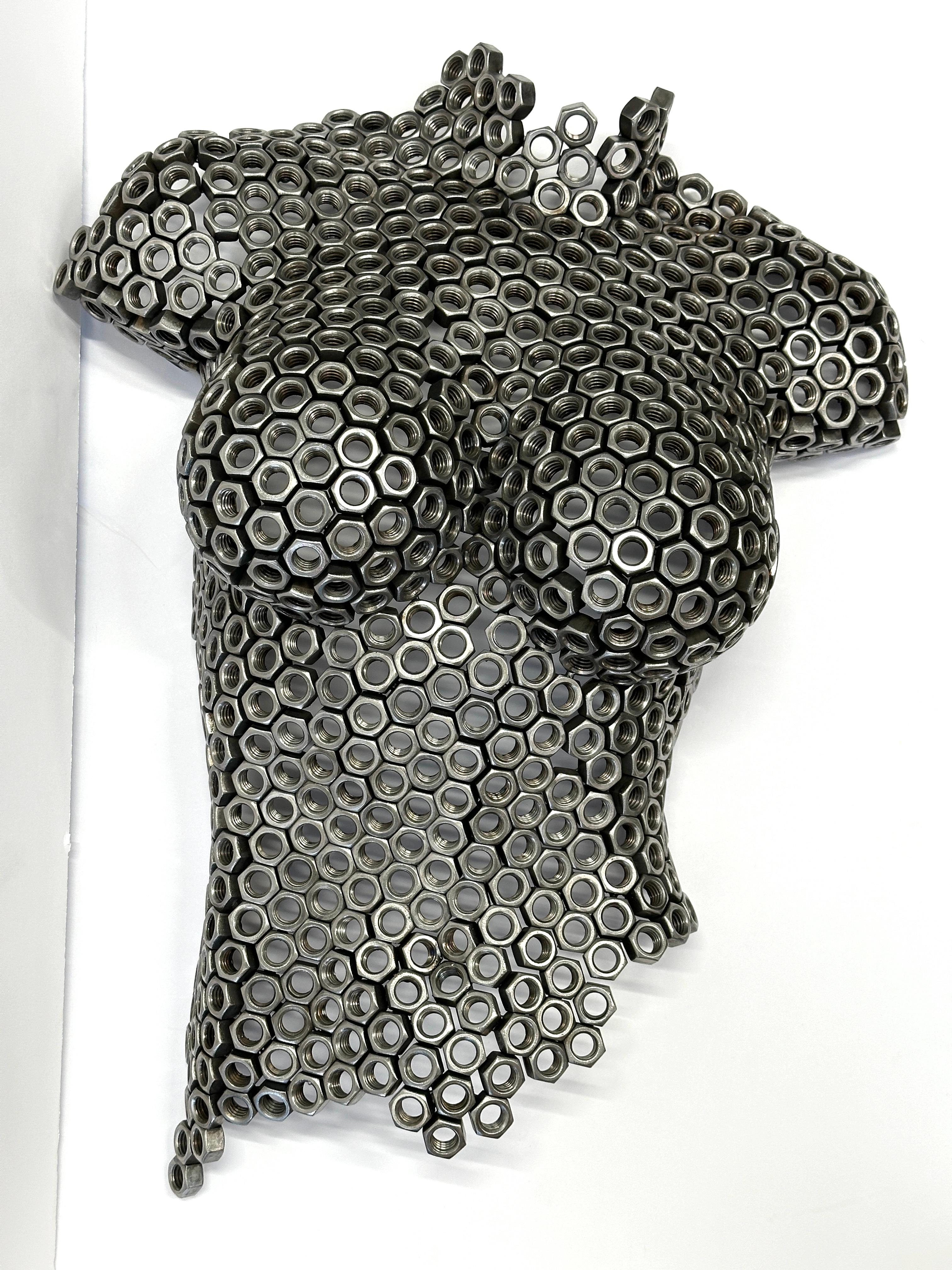 A wonderful sculpture by the noted Palm Spring Artist Anwar Fonseca. It is fashioned out of 600 individual nuts that have been meticulously welded together. he artist has a model cast in terracotta and used the form to fashion this sculpture. In