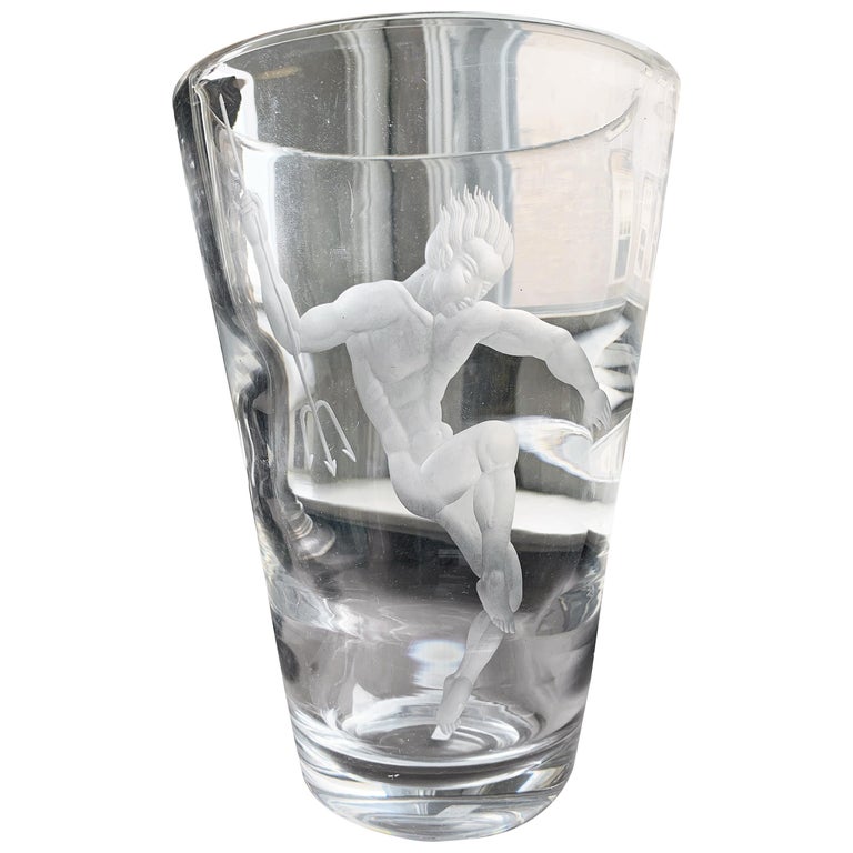 Nude Triton With Trident Engraved Glass Art Deco Vase Emil