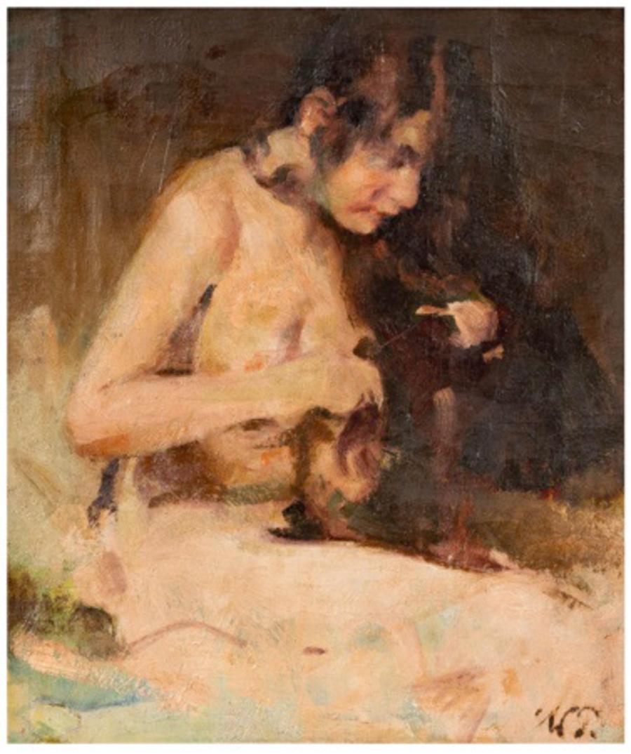 Il s'agit d'une charmante peinture post-impressionniste représentant une jeune fille dans un moment d'intimité où elle se brosse les cheveux. William Foster (1883-1953) met en scène la lumière de manière experte sur son  Le jeune sujet donne vie au