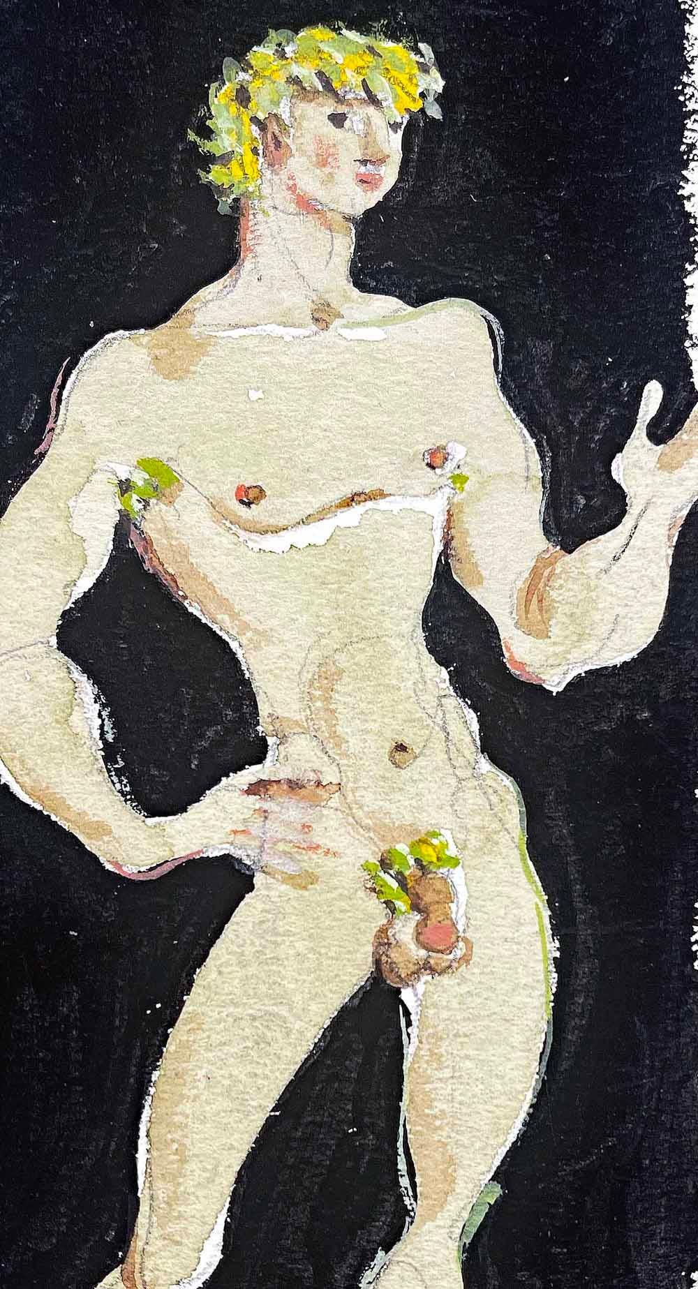 Diminutive and striking, this Mannerist male nude by Raoul Pène du Bois, the great Broadway designer, depicts a confident figure in the full bloom of youth, with golden hair and blushing flesh.  du Bois won renown as a scenic and costume designer