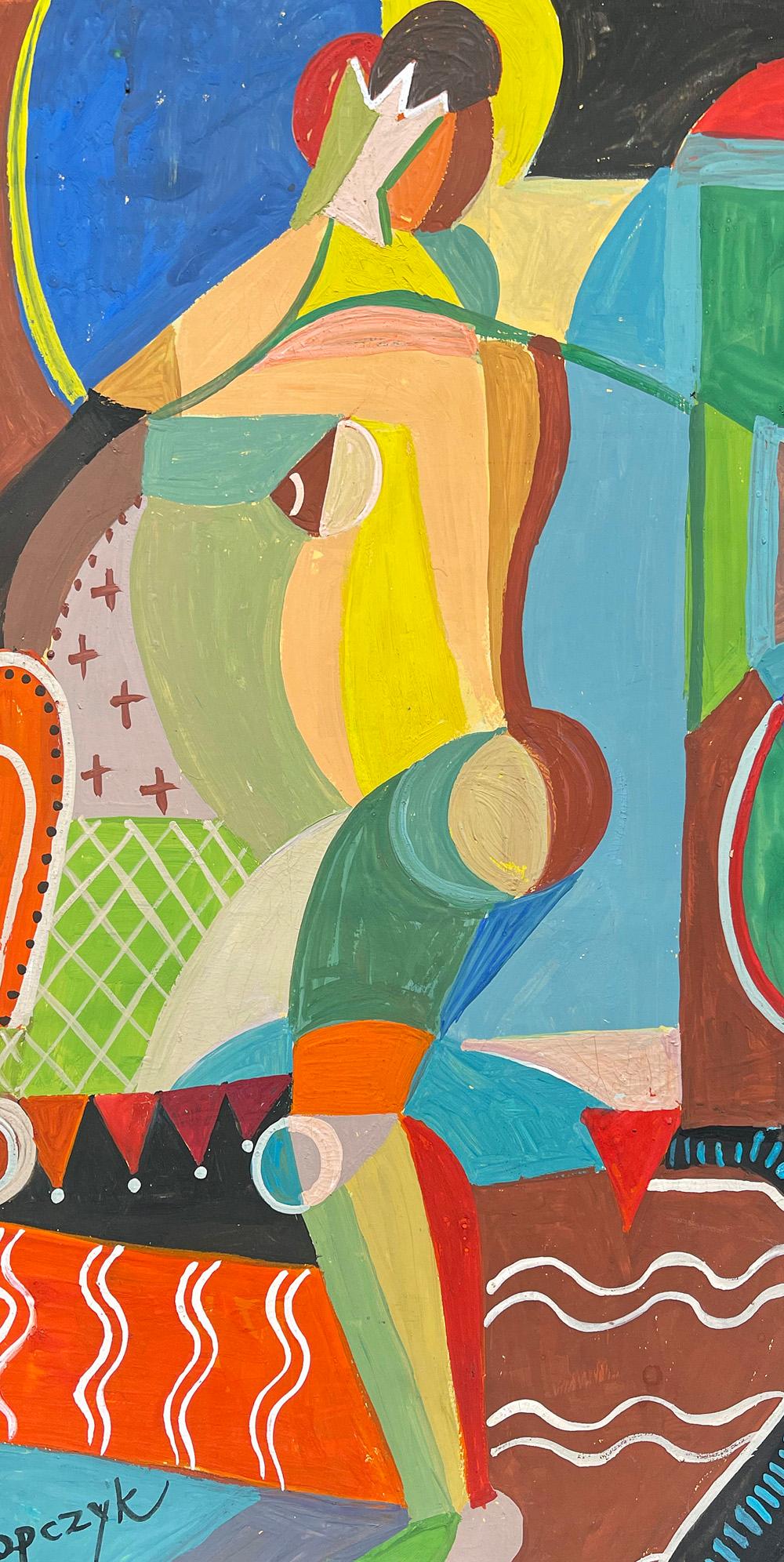 Painted in a kaleidoscopic array of brilliant colors -- tangerine, emerald green, scarlet, deep sky blue and black -- this Cubist work depicts a nude female figure and a parrot sitting on a circular perch, surrounded by a crazy quilt of patterns.