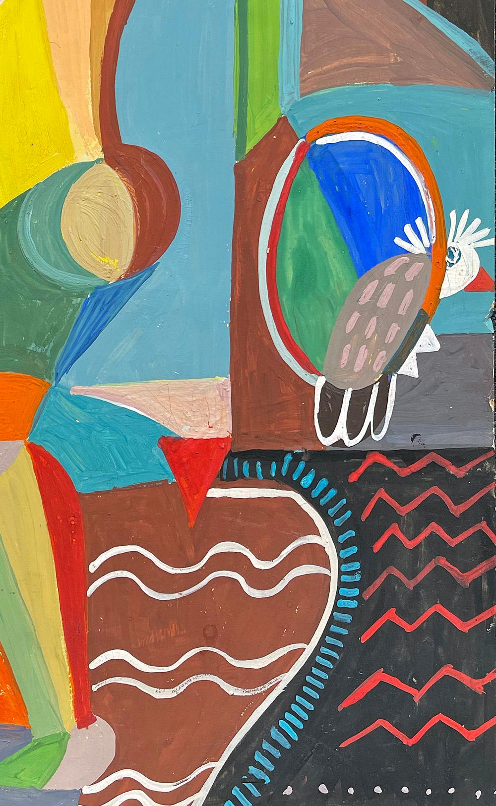 Français « Nu avec perroquet », brillante peinture cubiste Art déco de Popczyk, rouge et bleue en vente