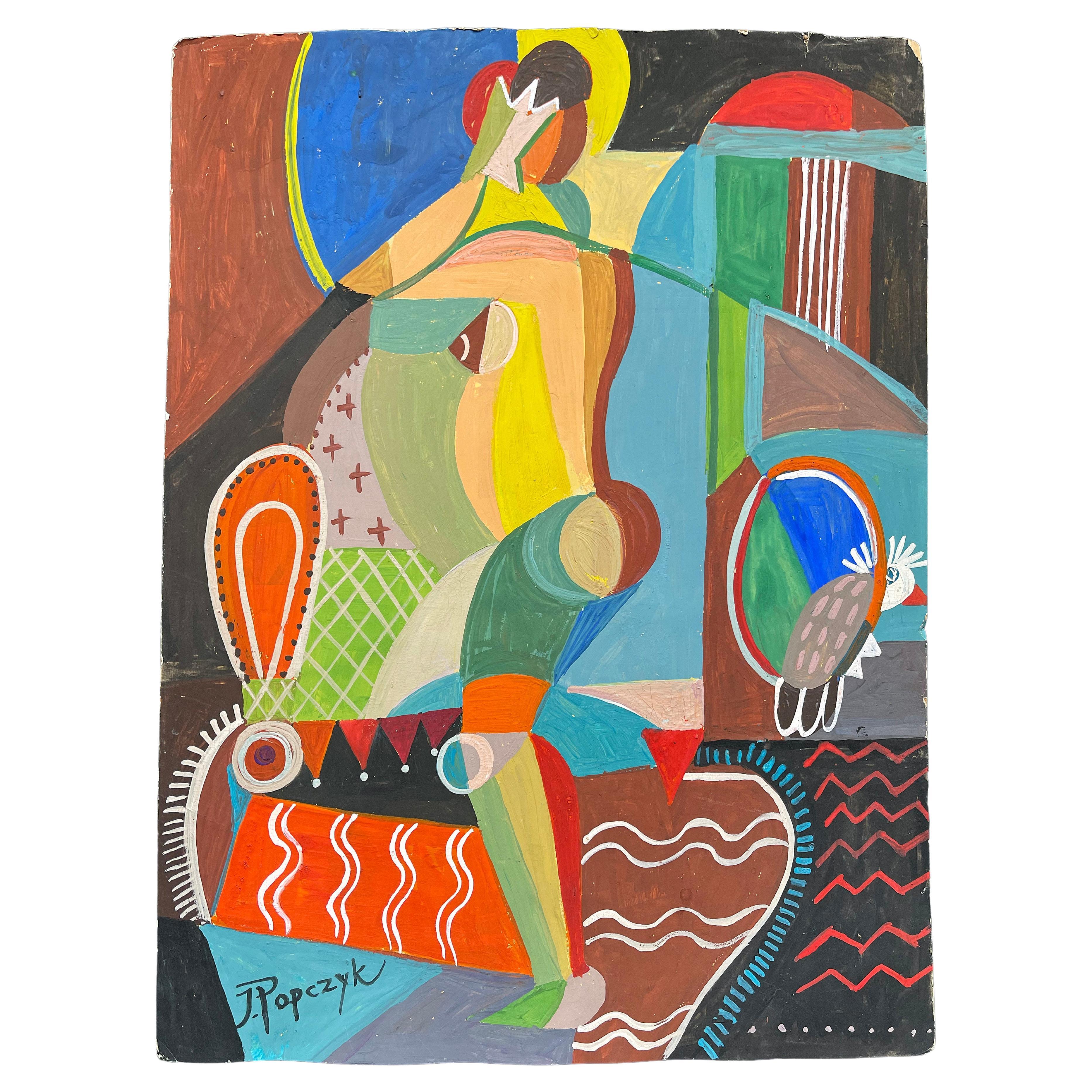 „Akt mit Papagei“, brillantes kubistisches Art-déco-Gemälde von Popczyk, Rot und Blau