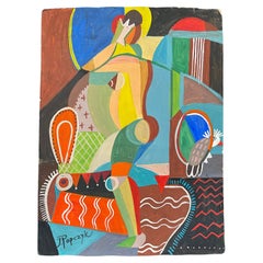 Vintage "Nude with Parrot," Brilliant Cubist-Art Deco Painting by Popczyk, Red and Blue