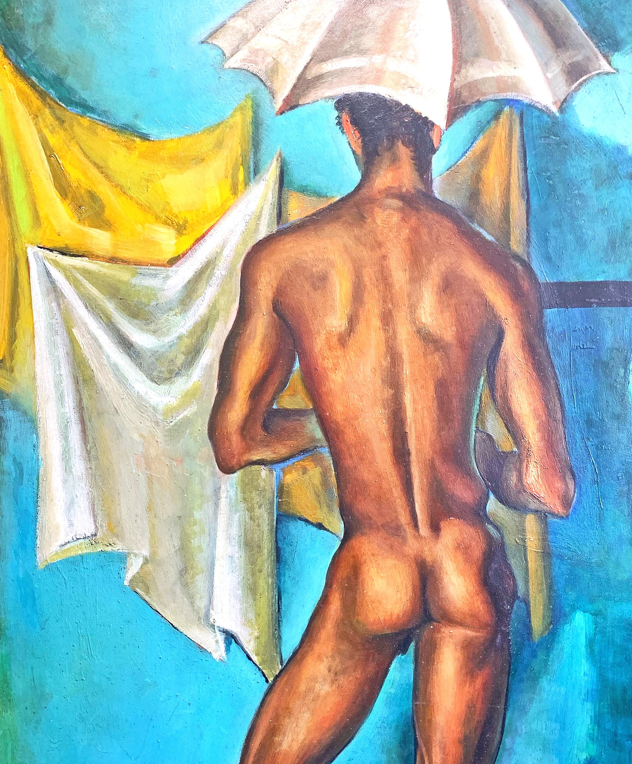 Vividly painted in tones of turquoise, canary yellow and warm brown, this extraordinary depiction of a slender Black male nude holding an umbrella -- in our opinion a Mid-Century Modern masterpiece with hints of Surrealism -- was painted by Raoul
