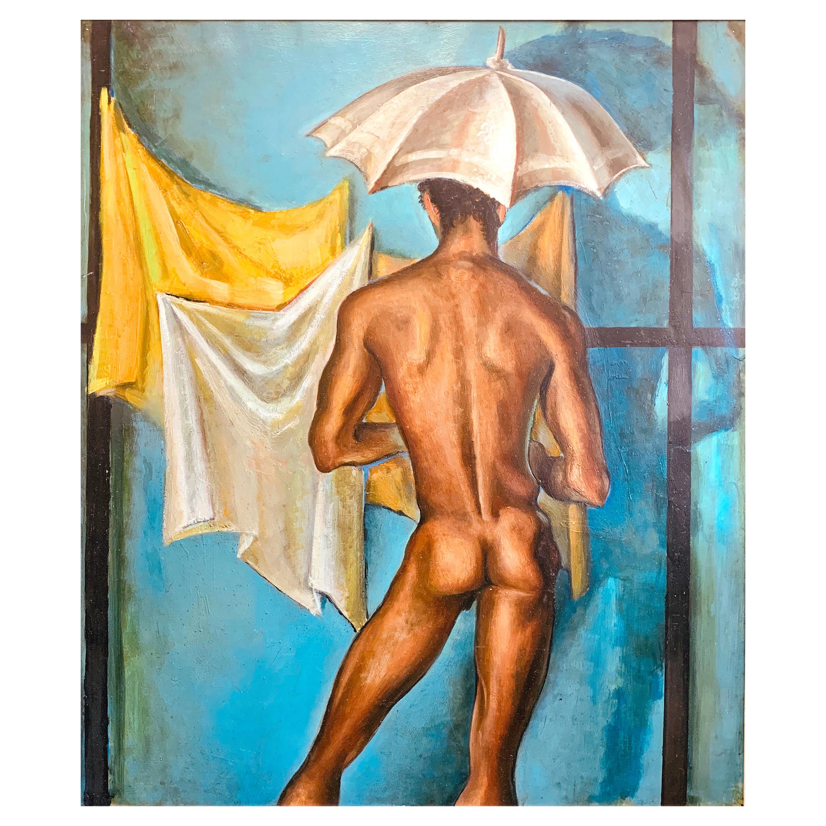 "Nude with Umbrella, " Mid-Century Modern Male Nude by du Bois, Tony Award Winner For Sale