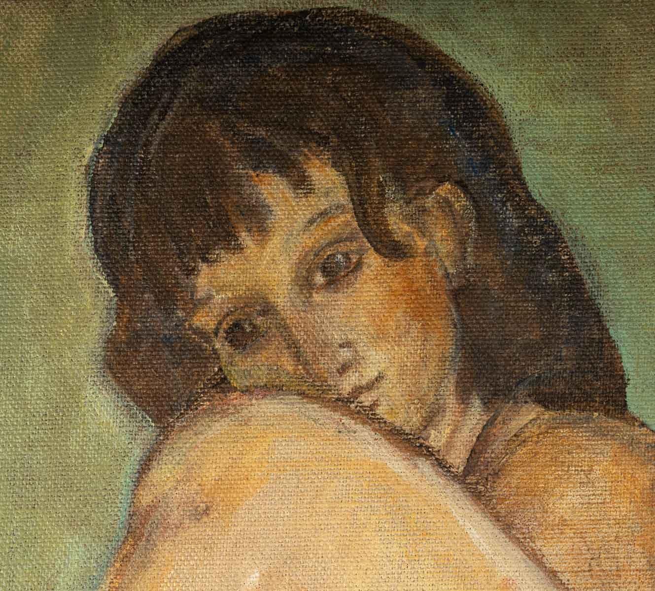 Femme nue, huile sur toile, 20e siècle.
Evelyne Luez, Ecole de Paris 
Mesures : H : 81, L : 65 cm, P : 2 cm.