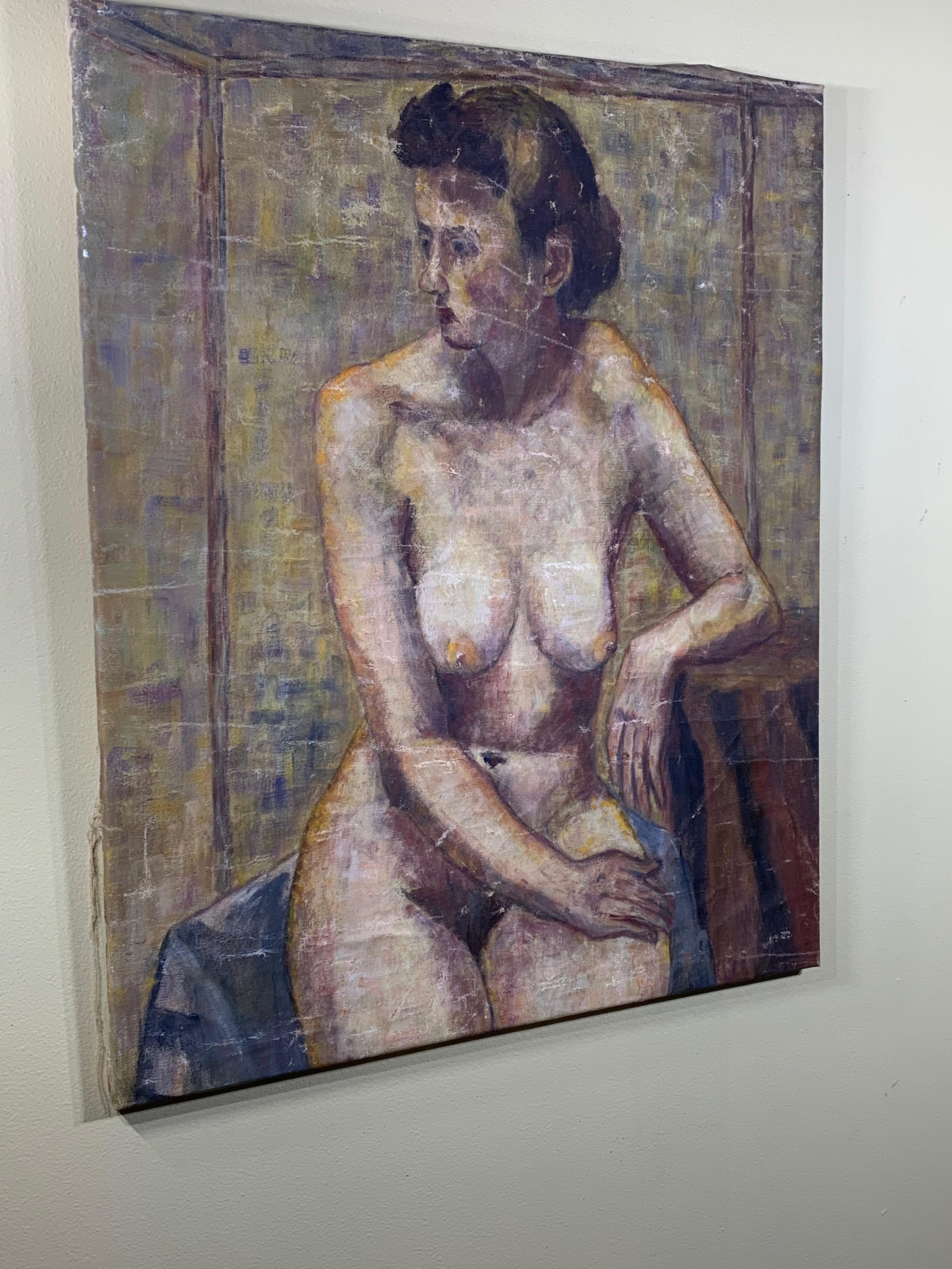 Mid-20th century Fabulous large impressionist nude oil painting of a sitting woman, oil painting on canvas, unframed.
Signed in the back Tischler Joyce.