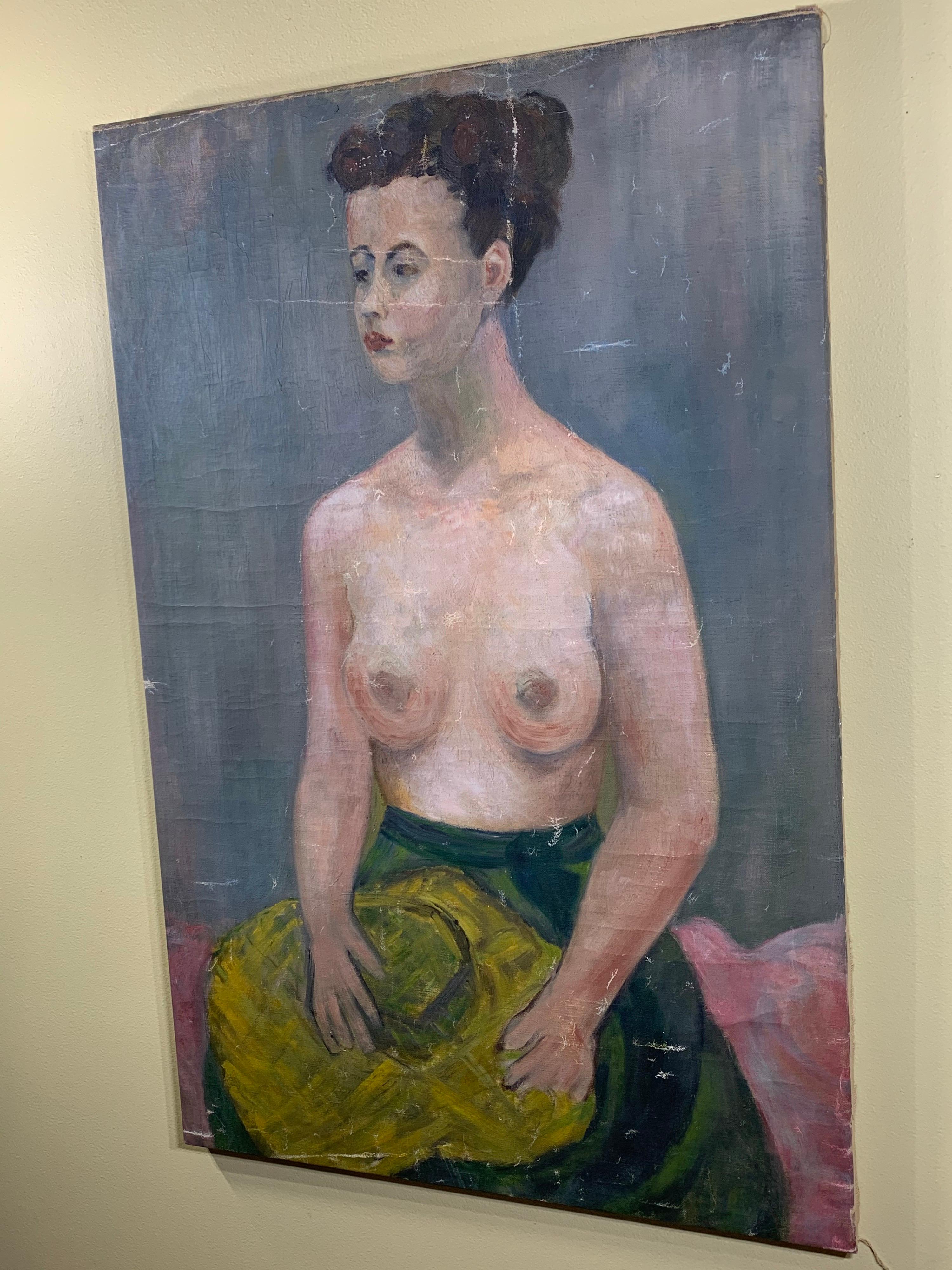 Mid-20th century fabulous large impressionist nude oil painting of a sitting woman holding her hat, oil painting on canvas, unframed.
Signed in the back Tischler Joyce.