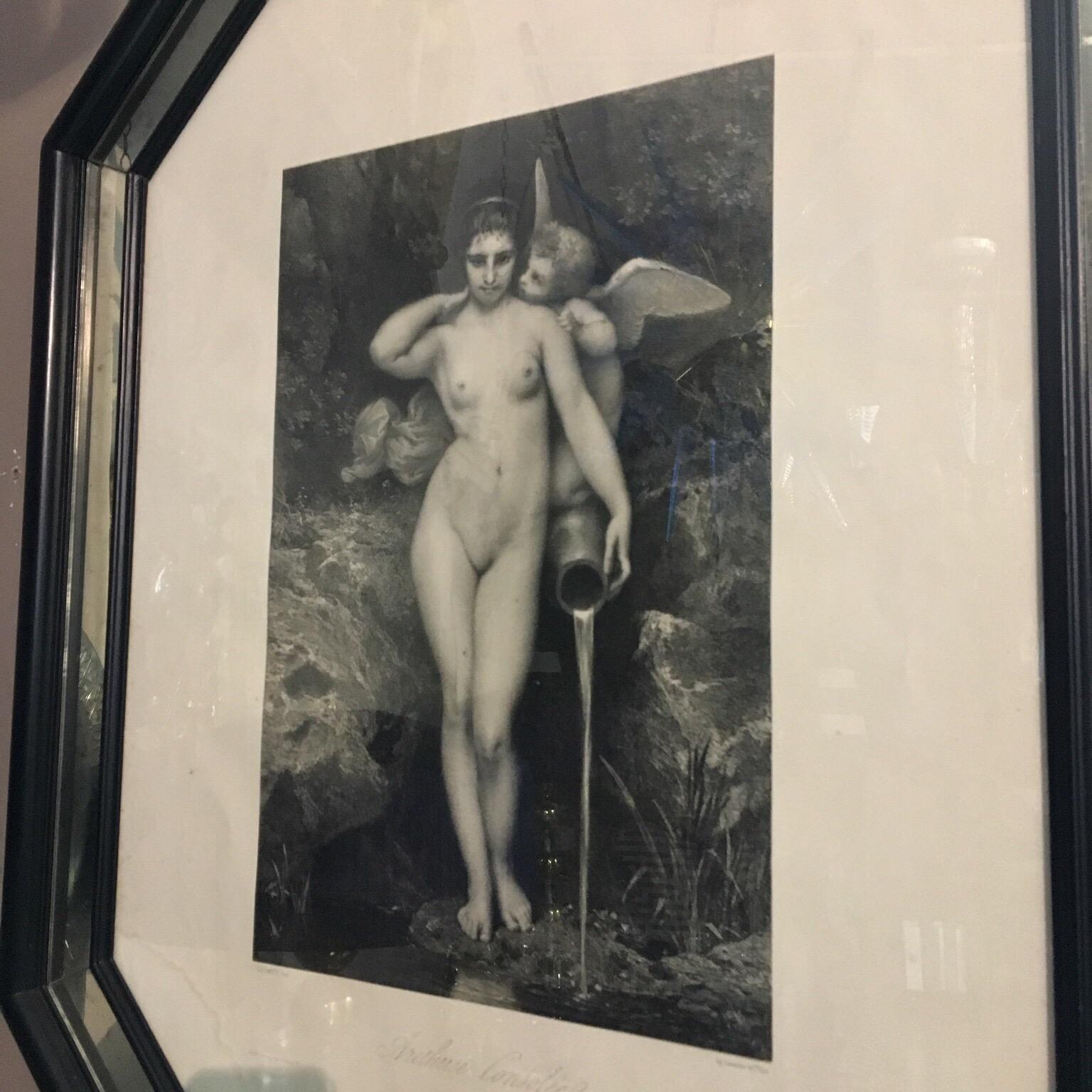 19th Century Nude Woman Antique Art Print with Mirrored and Black Lacquered Wood Frame, 1867