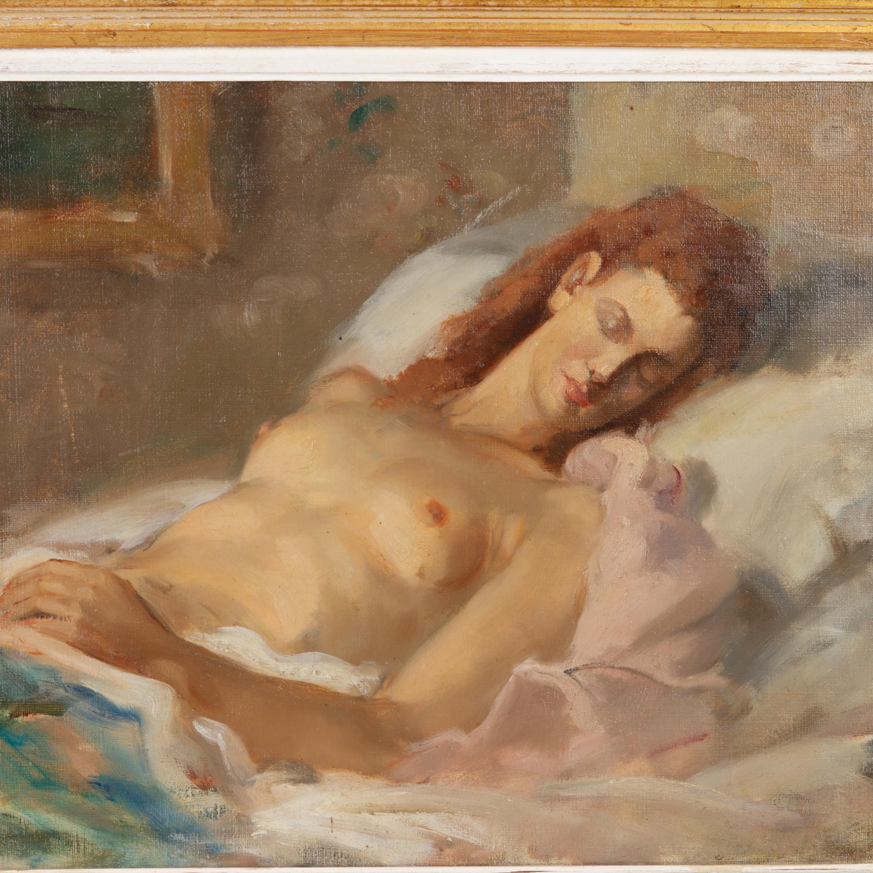En buen estado
De una colección privada
Envío internacional gratuito
Mujer desnuda dormida Pintura al óleo belga 
