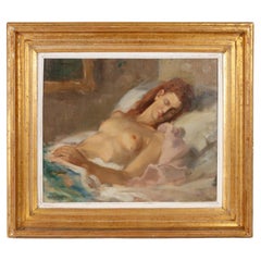 Peinture à l'huile belge d'une femme nue endormie 
