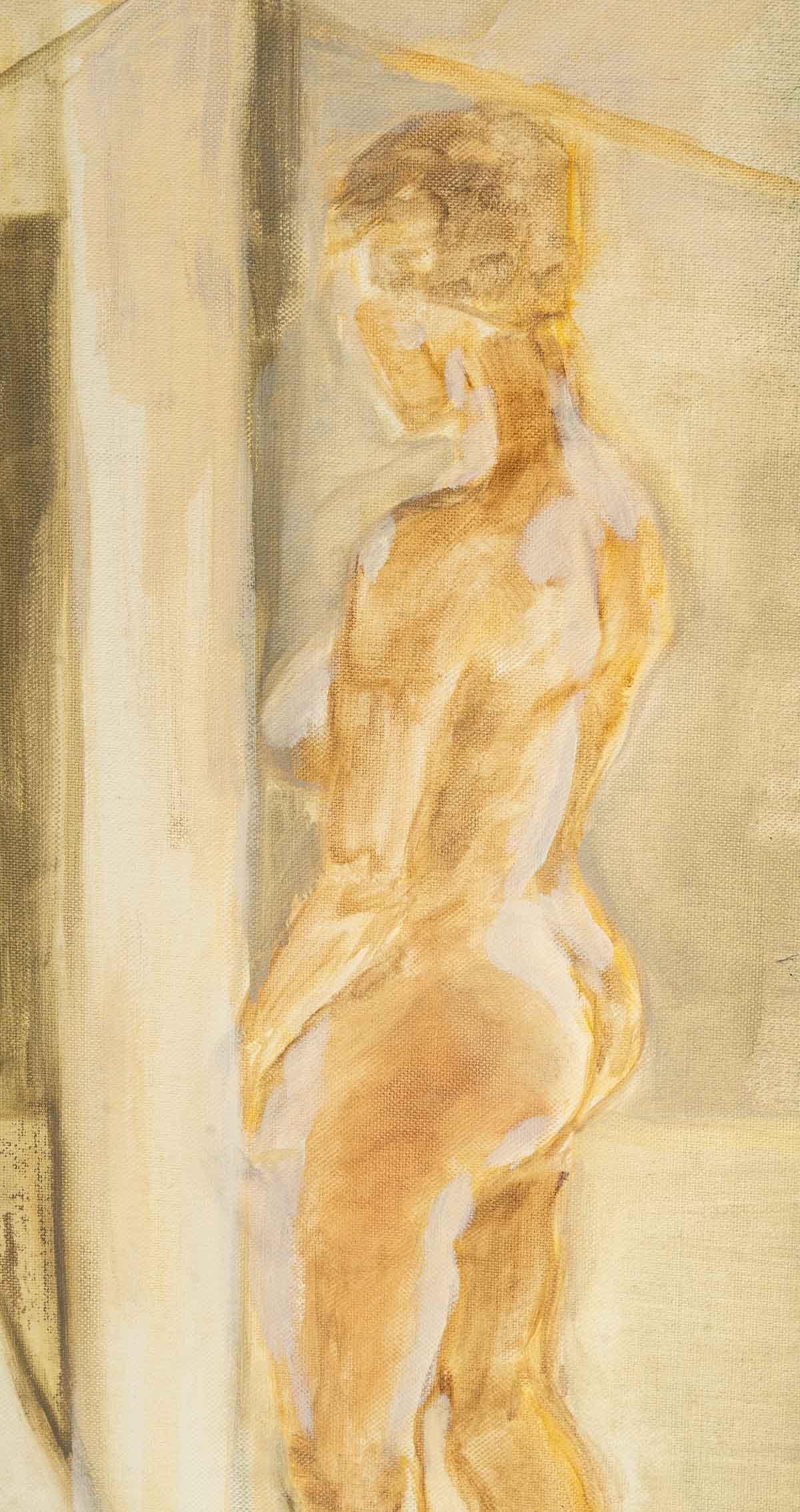 Femme nue se regardant dans un miroir, peinture sur Masonite, 20e siècle.
Evelyne Luez, Ecole de Paris.
Mesures : H : 46 cm, L : 38 cm, P : 0,5 cm.