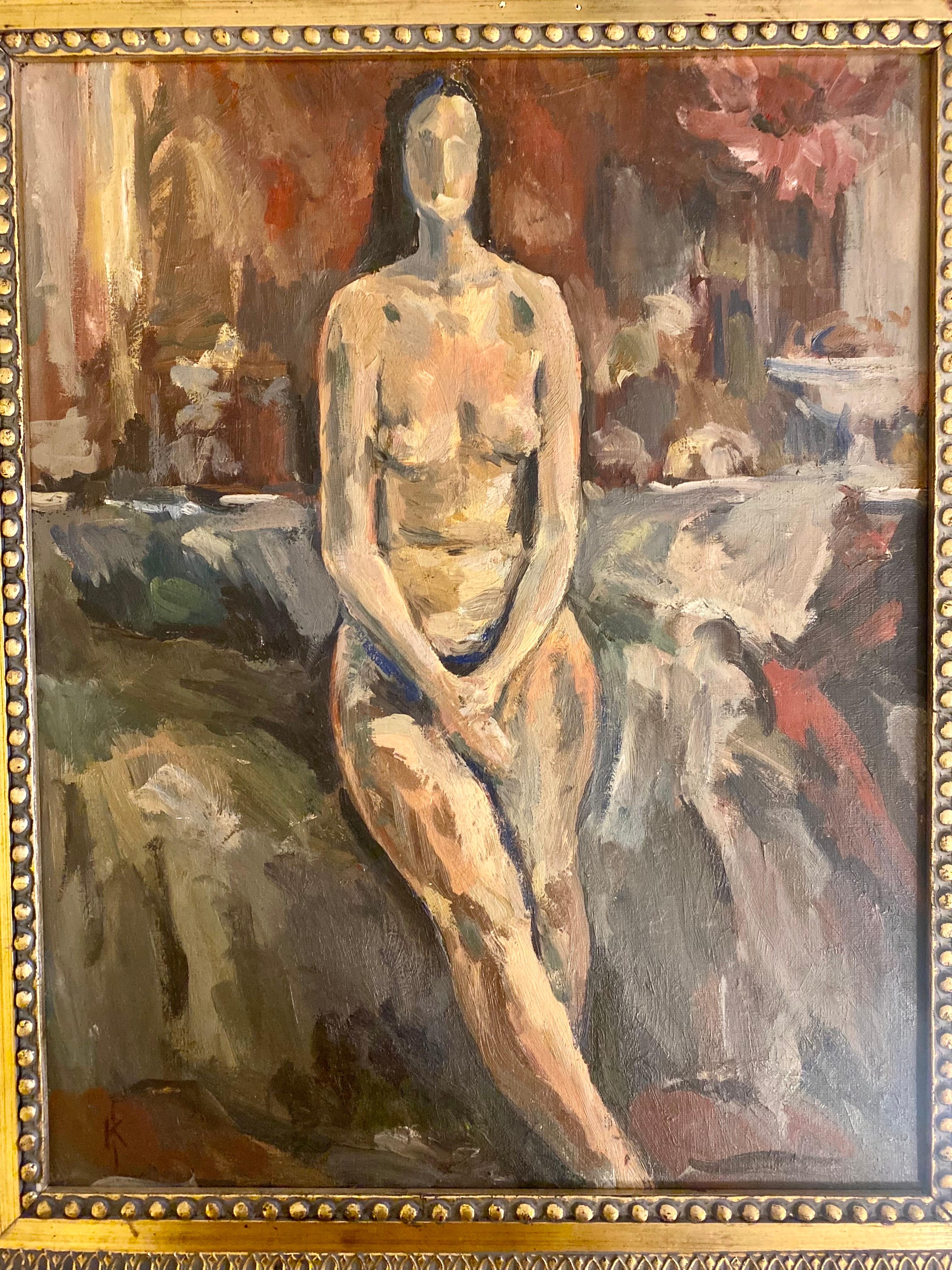 Nude woman oil painting post Fauvisme , France 1950s In Good Condition For Sale In DÉNIA, ES