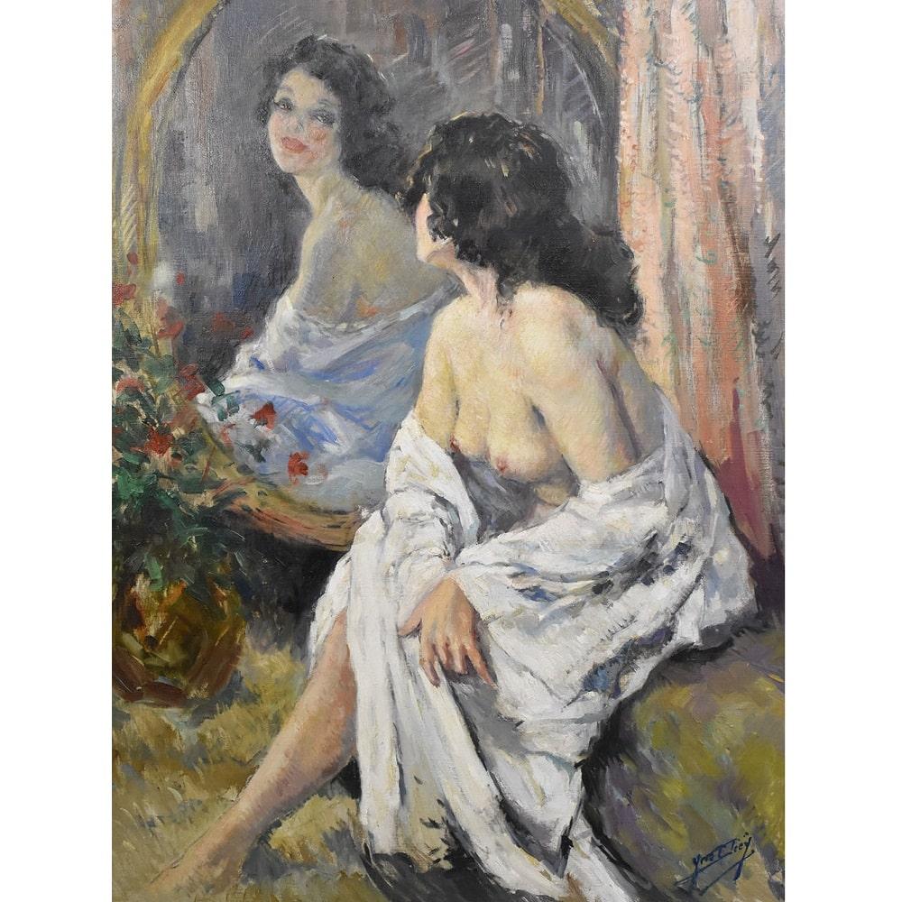 This is an Art Déco nude woman painting, oil on canvas. This naked woman in the mirror painting has a golden frame.
This nude oil art work, XX Century, is signed by Diey Yves (1892-1984), a french painter, as you can see bottom right. 

Diey Yves