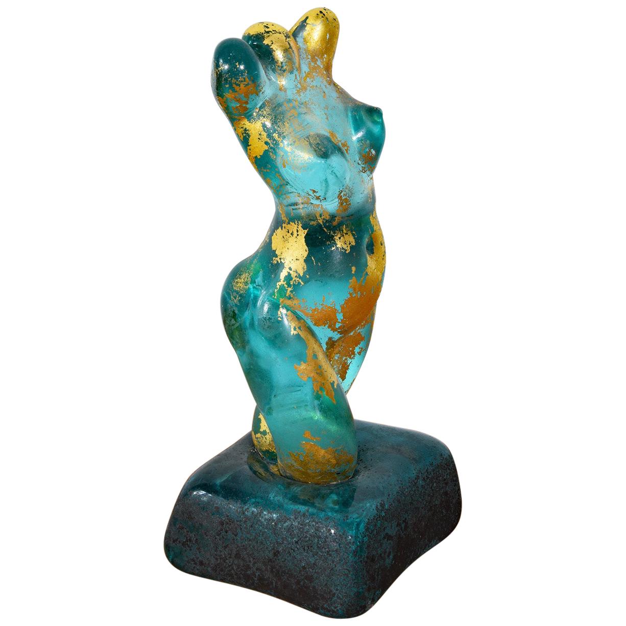 Nude Woman Torso Turquoise Gold Glass Figure by E. Nason for Cenedese Murano For Sale